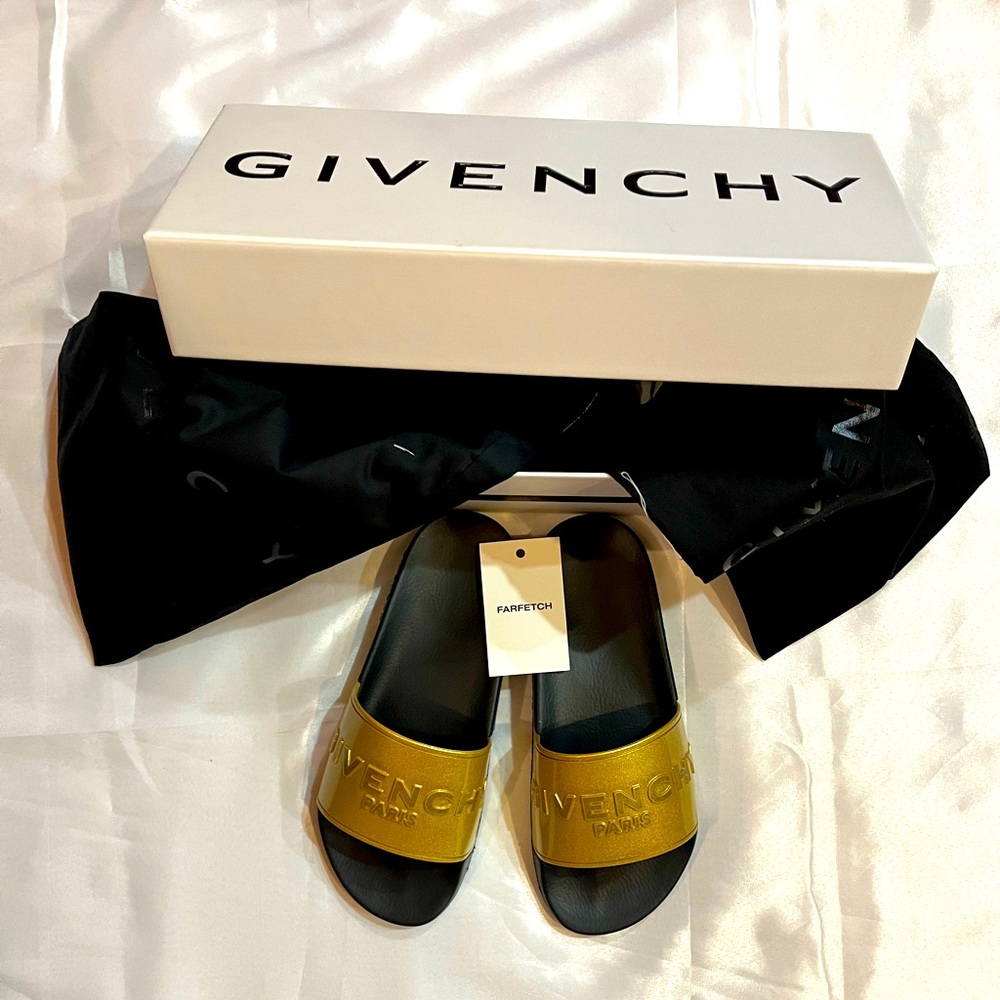 Givenchy slides. New with tags in gold trying to trade these out brand new
